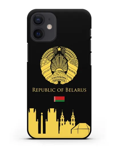 Чехол с гербом Беларуси и силуэтами Минска с надписью на английском языке силиконовый для iPhone 12 mini