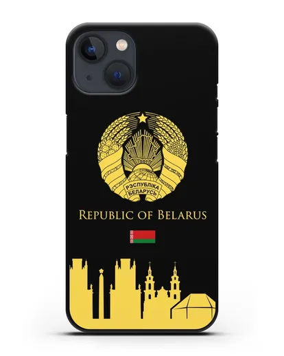 Чехол с гербом Беларуси и силуэтами Минска с надписью на английском языке силиконовый для iPhone 13
