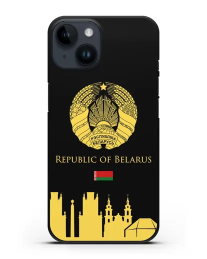 Чехол с гербом Беларуси и силуэтами Минска с надписью на английском языке силиконовый для iPhone 14