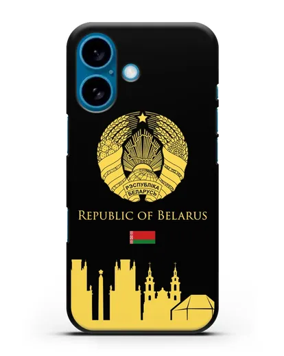 Чехол с гербом Беларуси и силуэтами Минска с надписью на английском языке силиконовый для iPhone 16