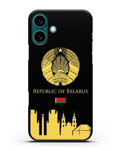 Чехол с гербом Беларуси и силуэтами Минска с надписью на английском языке силиконовый для iPhone 16 Plus