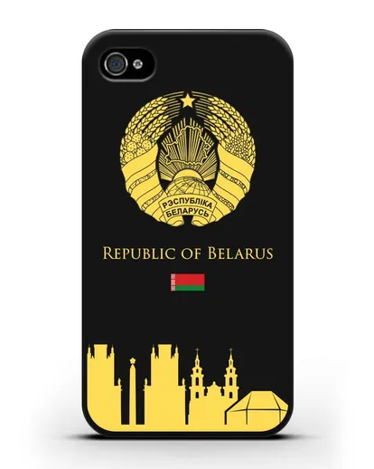 Чехол с гербом Беларуси и силуэтами Минска с надписью на английском языке силиконовый для iPhone 4/4s