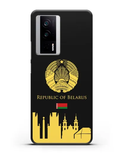 Чехол с гербом Беларуси и силуэтами Минска с надписью на английском языке силиконовый для Xiaomi Poco F5 Pro