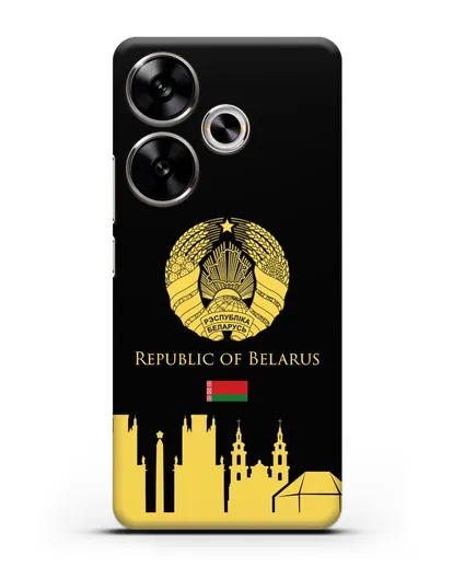 Чехол с гербом Беларуси и силуэтами Минска с надписью на английском языке силиконовый для Xiaomi Poco F6