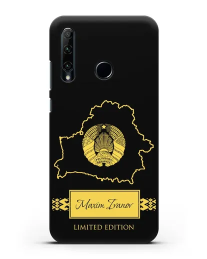 Чехол с силуэтом и гербом Республики Беларусь с именем, фамилией на английском языке силиконовый для Honor 20e