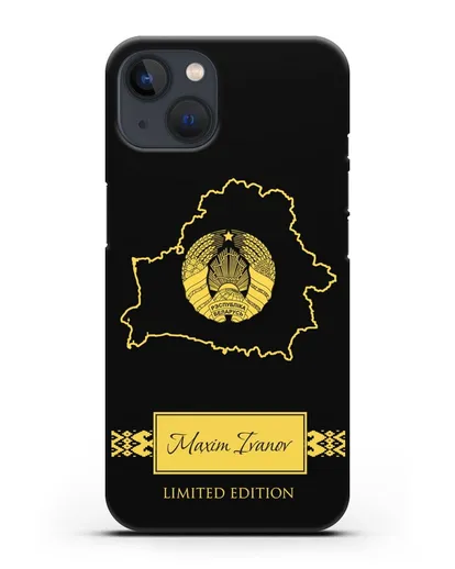 Чехол с силуэтом и гербом Республики Беларусь с именем, фамилией на английском языке силиконовый для iPhone 13