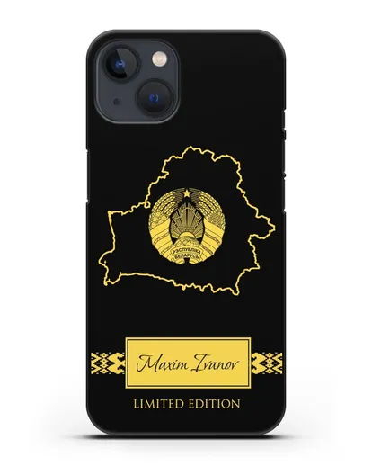 Чехол с силуэтом и гербом Республики Беларусь с именем, фамилией на английском языке силиконовый для iPhone 13 Mini