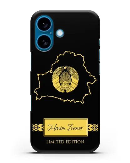 Чехол с силуэтом и гербом Республики Беларусь с именем, фамилией на английском языке силиконовый для iPhone 16