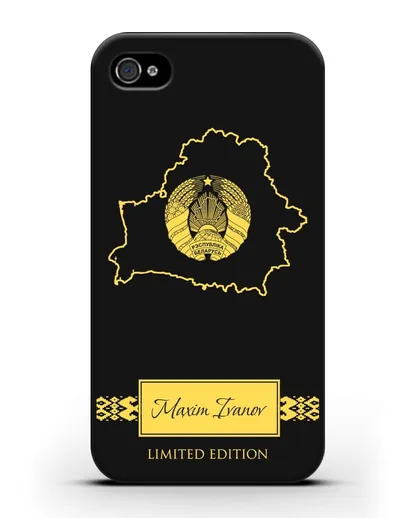 Чехол с силуэтом и гербом Республики Беларусь с именем, фамилией на английском языке силиконовый для iPhone 4/4s