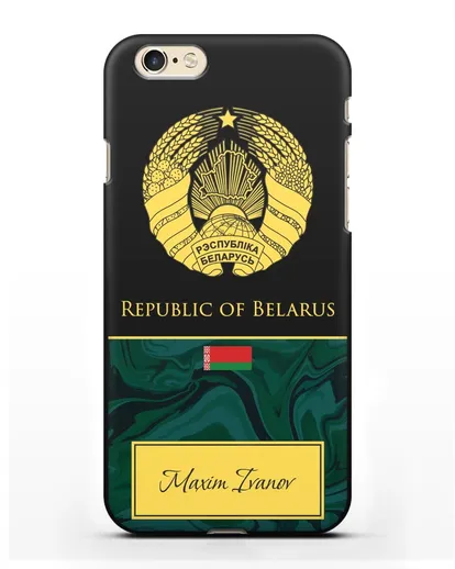 Чехол с гербом Беларуси с именем, фамилией на английском языке, зеленый мрамор силиконовый для iPhone 6s