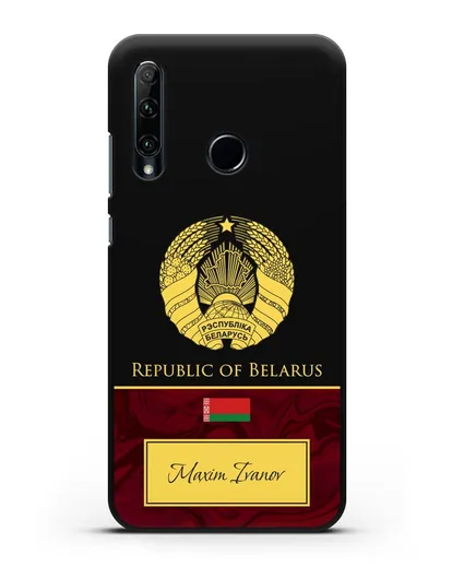 Чехол с гербом Беларуси с именем, фамилией на английском языке, красный мрамор силиконовый для Honor 20e