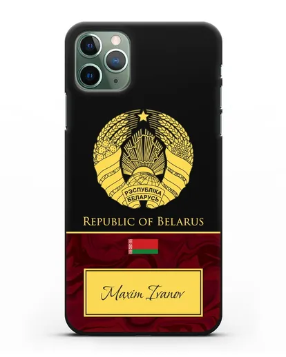 Чехол с гербом Беларуси с именем, фамилией на английском языке, красный мрамор силиконовый для iPhone 11 Pro Max