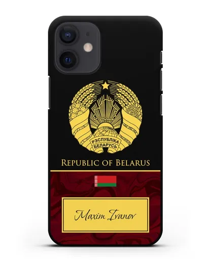 Чехол с гербом Беларуси с именем, фамилией на английском языке, красный мрамор силиконовый для iPhone 12 mini