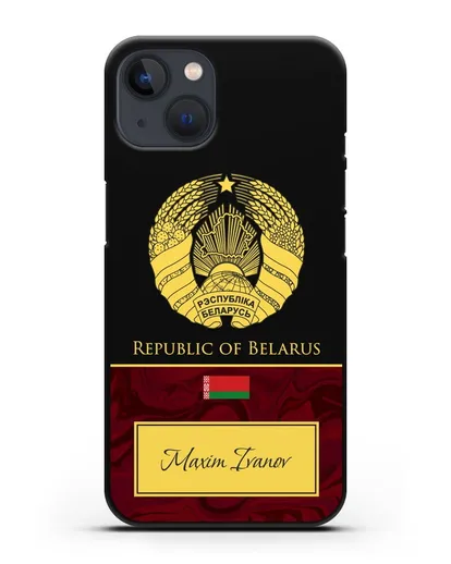 Чехол с гербом Беларуси с именем, фамилией на английском языке, красный мрамор силиконовый для iPhone 13