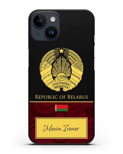 Чехол с гербом Беларуси с именем, фамилией на английском языке, красный мрамор силиконовый для iPhone 14