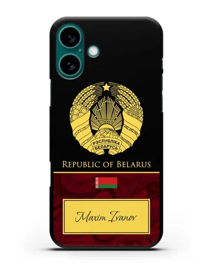 Чехол с гербом Беларуси с именем, фамилией на английском языке, красный мрамор силиконовый для iPhone 16 Plus