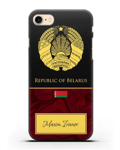 Чехол с гербом Беларуси с именем, фамилией на английском языке, красный мрамор силиконовый для iPhone 7