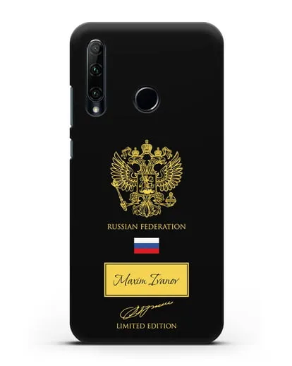 Чехол с гербом России и подписью В.В.Путина с именем, фамилией на английском языке силиконовый для Honor 20e