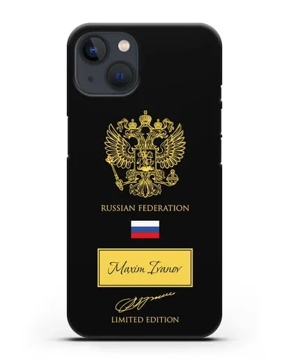 Чехол с гербом России и подписью В.В.Путина с именем, фамилией на английском языке силиконовый для iPhone 13