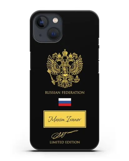 Чехол с гербом России и подписью В.В.Путина с именем, фамилией на английском языке силиконовый для iPhone 13 Mini