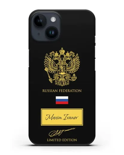 Чехол с гербом России и подписью В.В.Путина с именем, фамилией на английском языке силиконовый для iPhone 14