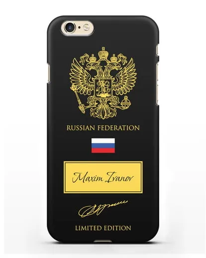 Чехол с гербом России и подписью В.В.Путина с именем, фамилией на английском языке силиконовый для iPhone 6