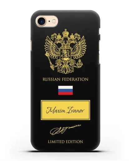 Чехол с гербом России и подписью В.В.Путина с именем, фамилией на английском языке силиконовый для iPhone 8