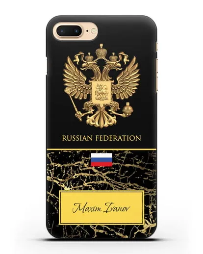 Чехол с гербом и флагом Российской Федерации с именем, фамилией на английском языке, черный мрамор силиконовый для iPhone 7 Plus
