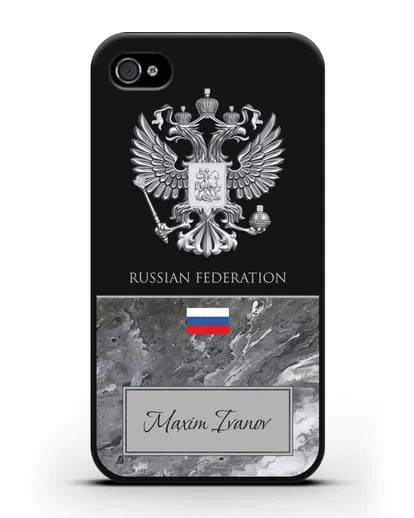 Чехол с гербом и флагом Российской Федерации с именем, фамилией на английском языке, красный мрамор силиконовый для iPhone 4/4s