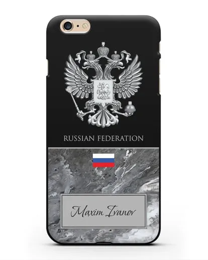 Чехол с гербом и флагом Российской Федерации с именем, фамилией на английском языке, красный мрамор силиконовый для iPhone 6s Plus