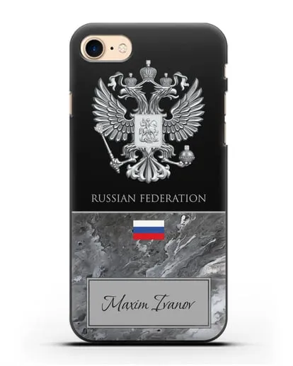 Чехол с гербом и флагом Российской Федерации с именем, фамилией на английском языке, красный мрамор силиконовый для iPhone 8
