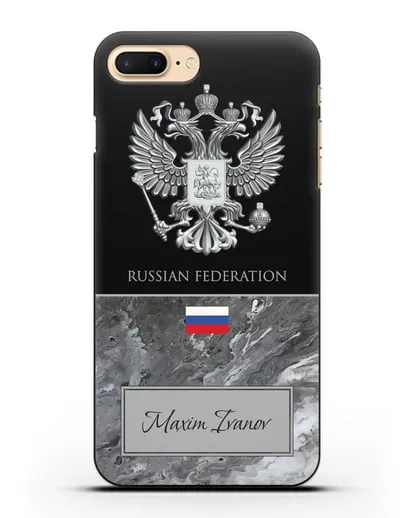 Чехол с гербом и флагом Российской Федерации с именем, фамилией на английском языке, красный мрамор силиконовый для iPhone 7 Plus