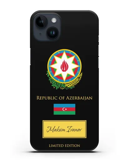 Чехол с гербом и флагом Республики Азербайджан с именем, фамилией на английском языке силиконовый для iPhone 14 Plus