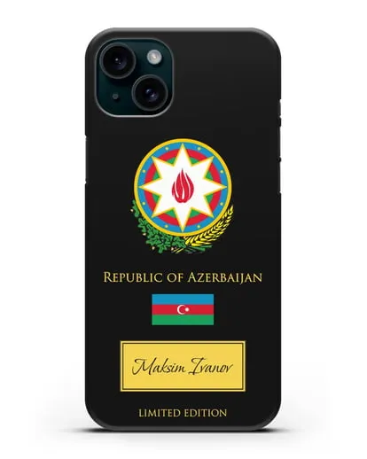 Чехол с гербом и флагом Республики Азербайджан с именем, фамилией на английском языке силиконовый для iPhone 15 Plus