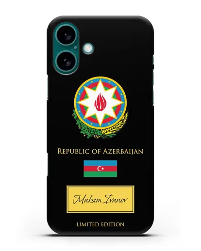 Чехол с гербом и флагом Республики Азербайджан с именем, фамилией на английском языке силиконовый для iPhone 16 Plus