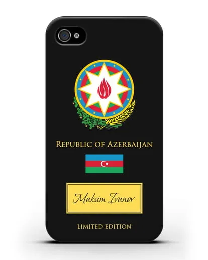 Чехол с гербом и флагом Республики Азербайджан с именем, фамилией на английском языке силиконовый для iPhone 4/4s