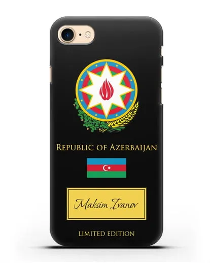 Чехол с гербом и флагом Республики Азербайджан с именем, фамилией на английском языке силиконовый для iPhone 8