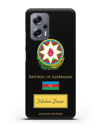 Чехол с гербом и флагом Республики Азербайджан с именем, фамилией на английском языке силиконовый для Xiaomi Poco X4 GT