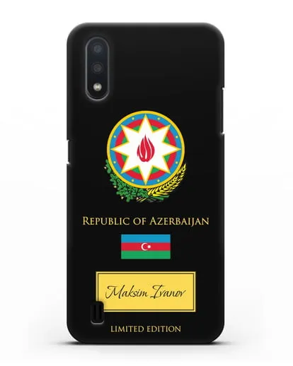 Чехол с гербом и флагом Республики Азербайджан с именем, фамилией на английском языке силиконовый для Samsung Galaxy A01 [SM-A015F]