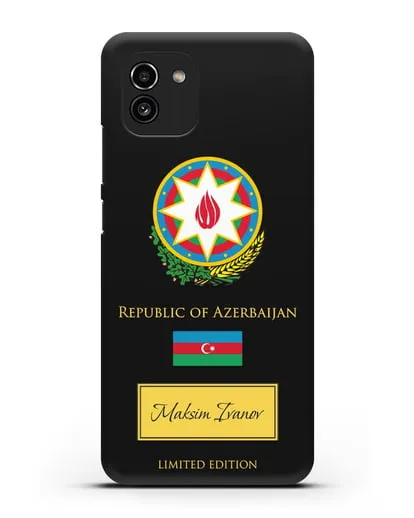 Чехол с гербом и флагом Республики Азербайджан с именем, фамилией на английском языке силиконовый для Samsung Galaxy A03 [SM-A035]