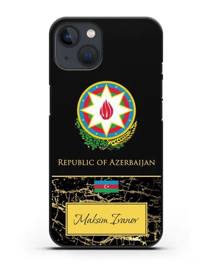 Чехол с гербом и флагом Республики Азербайджан с именем, фамилией на английском языке, черный мрамор силиконовый для iPhone 13 Mini