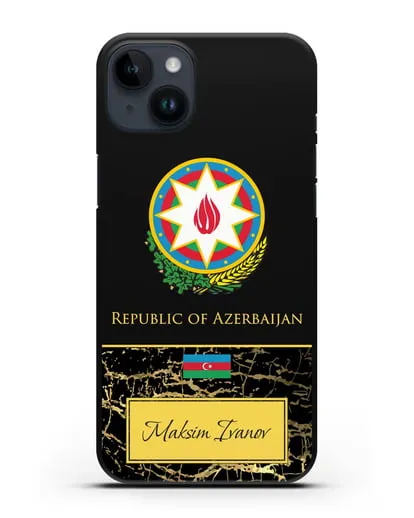 Чехол с гербом и флагом Республики Азербайджан с именем, фамилией на английском языке, черный мрамор силиконовый для iPhone 14 Plus