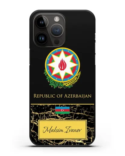 Чехол с гербом и флагом Республики Азербайджан с именем, фамилией на английском языке, черный мрамор силиконовый для iPhone 14 Pro Max