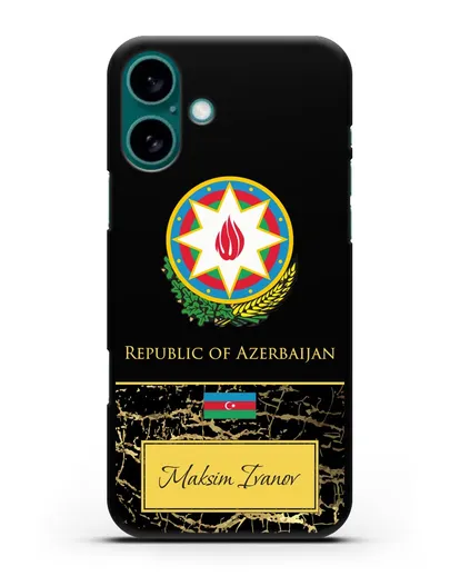 Чехол с гербом и флагом Республики Азербайджан с именем, фамилией на английском языке, черный мрамор силиконовый для iPhone 16 Plus