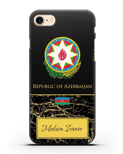 Чехол с гербом и флагом Республики Азербайджан с именем, фамилией на английском языке, черный мрамор силиконовый для iPhone 8