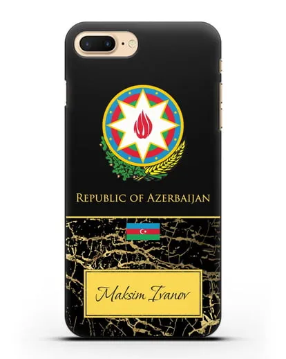 Чехол с гербом и флагом Республики Азербайджан с именем, фамилией на английском языке, черный мрамор силиконовый для iPhone 7 Plus
