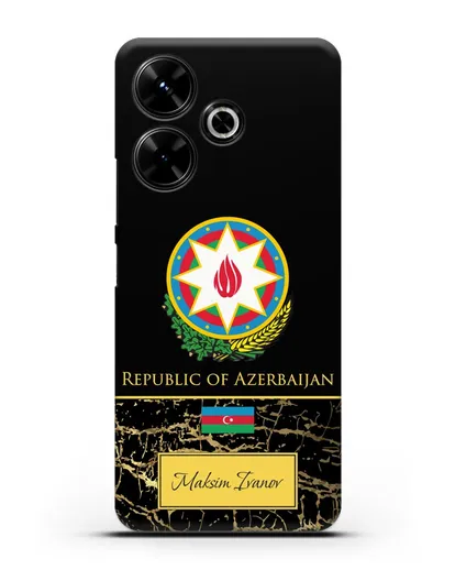 Чехол с гербом и флагом Республики Азербайджан с именем, фамилией на английском языке, черный мрамор силиконовый для Xiaomi Poco M6