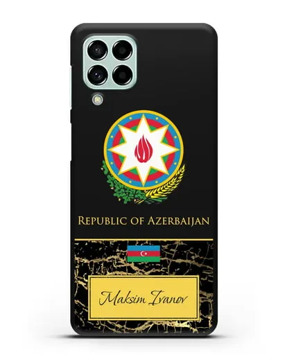 Чехол с гербом и флагом Республики Азербайджан с именем, фамилией на английском языке, черный мрамор силиконовый для Samsung Galaxy M53 [SM-M536]