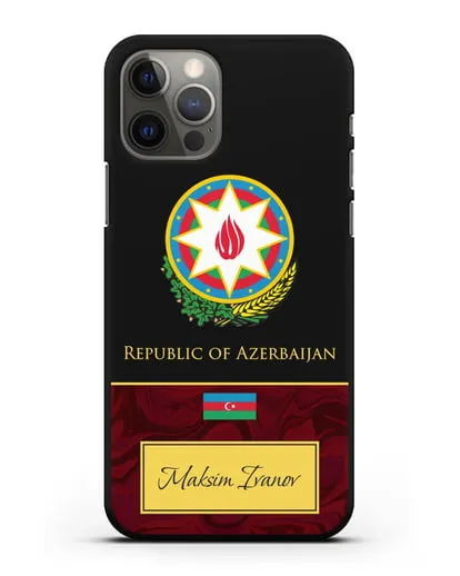 Чехол с гербом и флагом Республики Азербайджан с именем, фамилией на английском языке, красный мрамор силиконовый для iPhone 12 Pro
