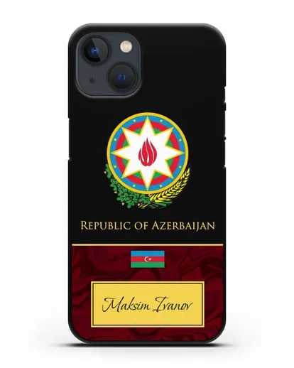 Чехол с гербом и флагом Республики Азербайджан с именем, фамилией на английском языке, красный мрамор силиконовый для iPhone 13